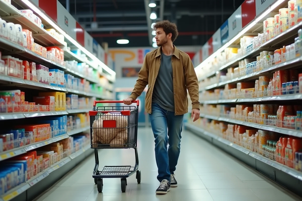 Jeune homme poussant un chariot dans un magasin Action