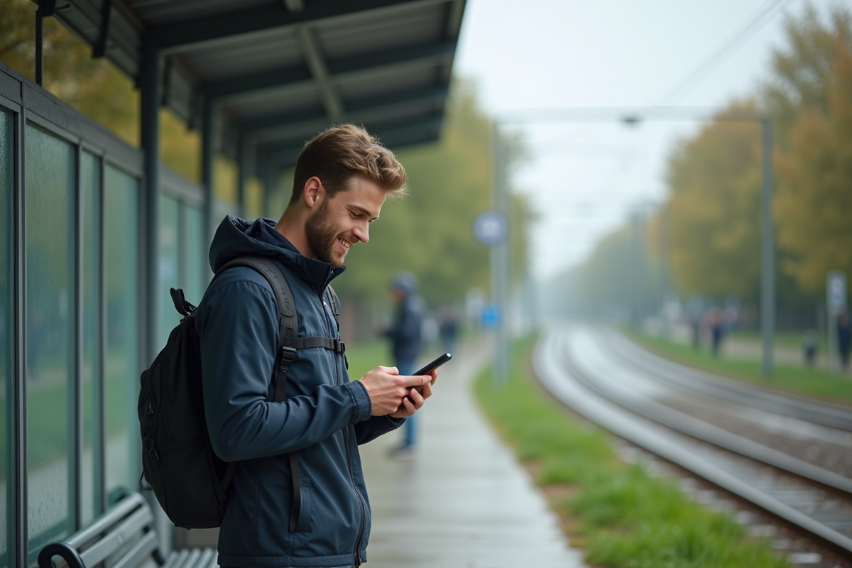 Jeune homme attendant au tram dans un quartier suburbain