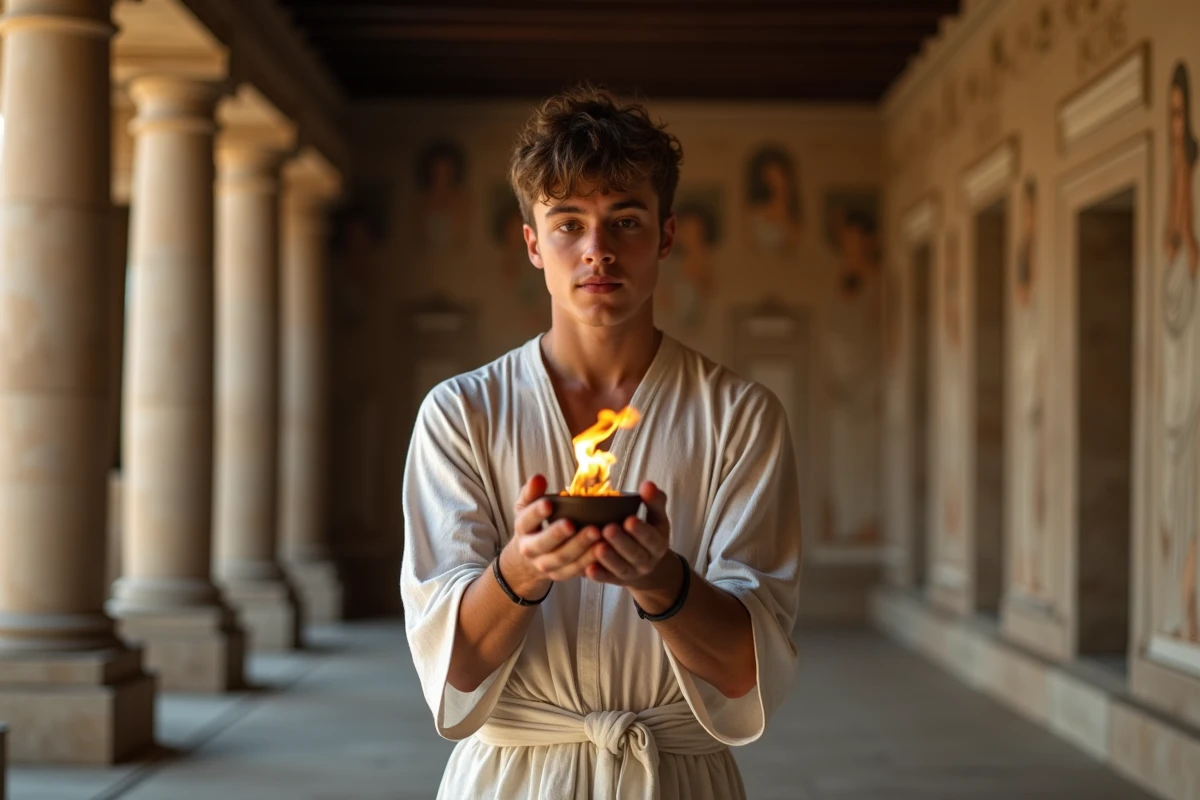 Jeune homme grec offrant une flamme dans un temple antique