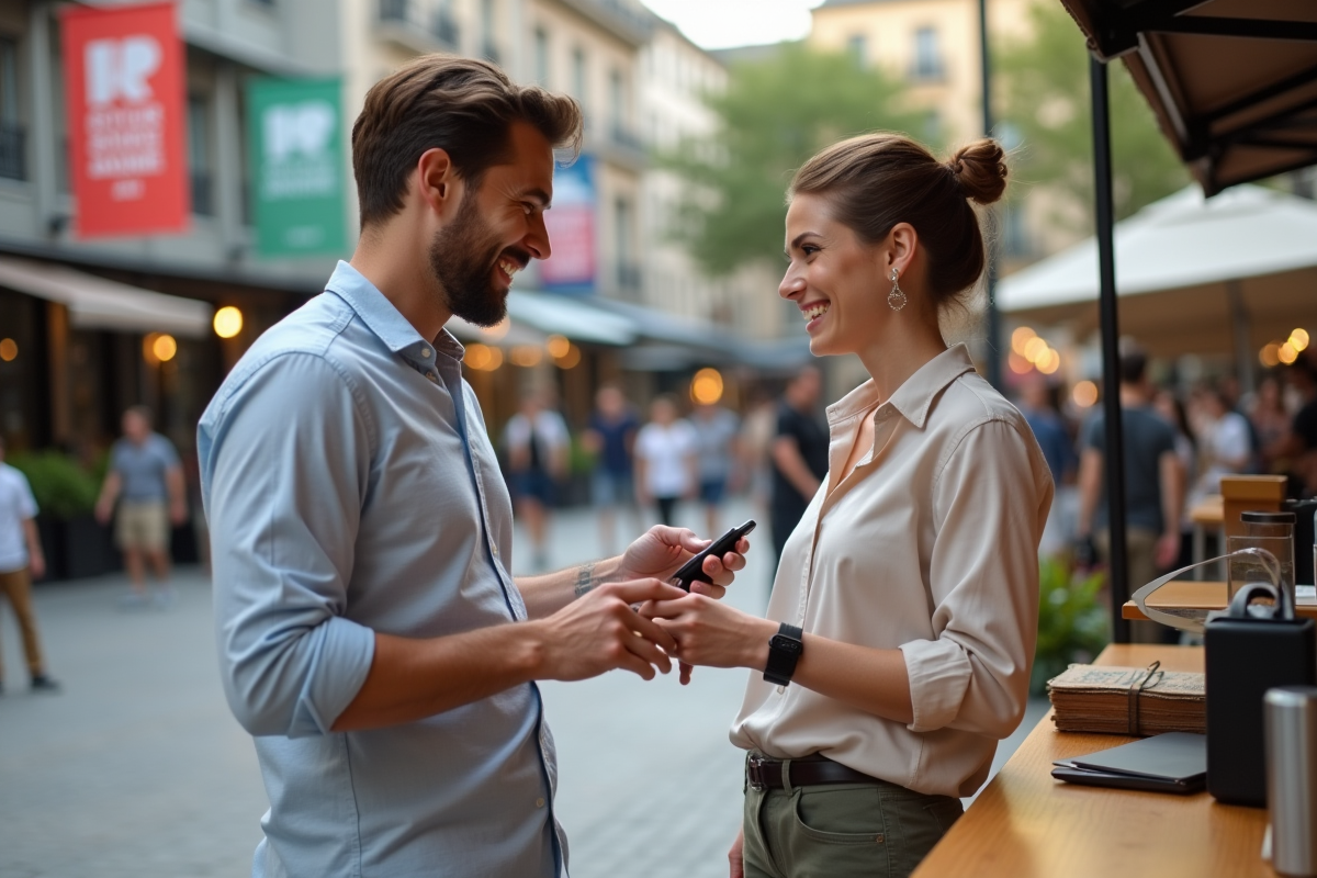 Jeune entrepreneur souriant lors d une démonstration en extérieur