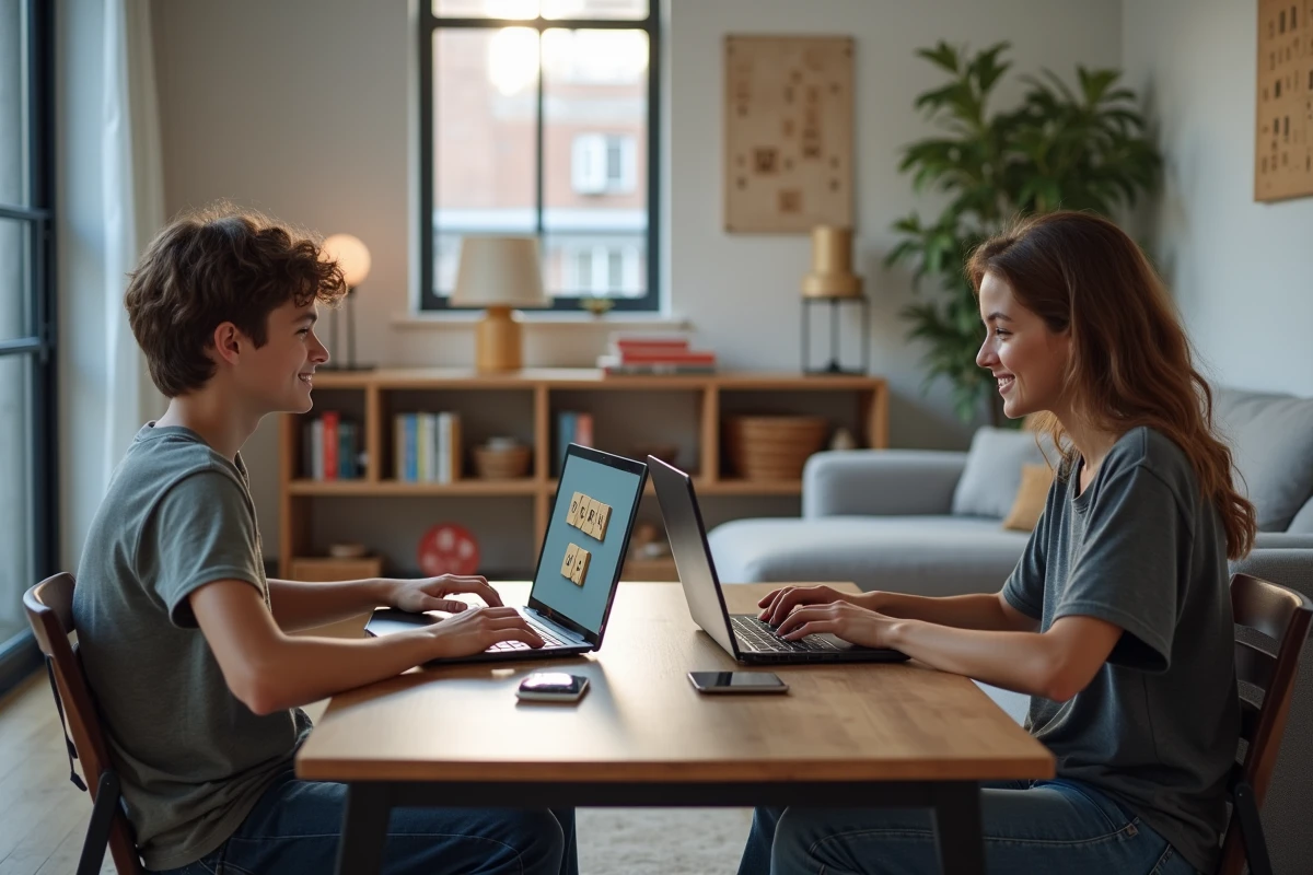 Deux adolescents jouent en ligne au Scrabble dans le salon