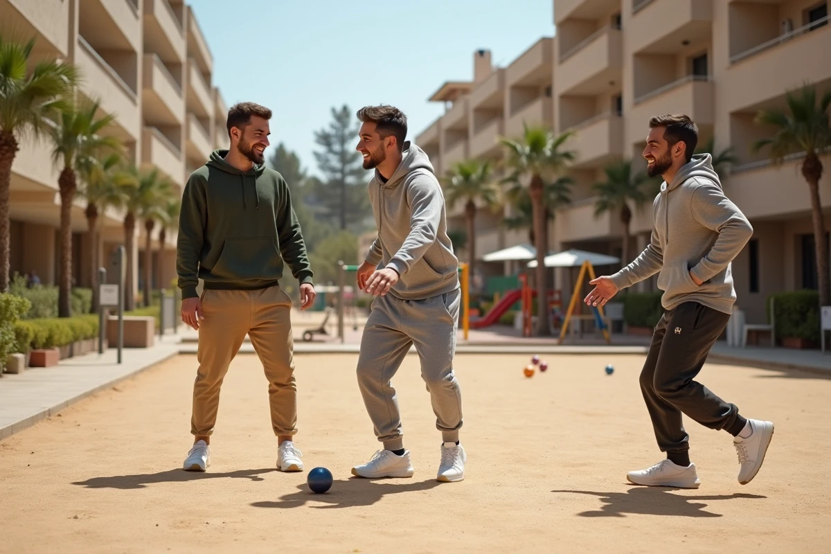 Jeunes hommes jouant à la pétanque dans une place publique rénovée des quartiers nords de Marseille