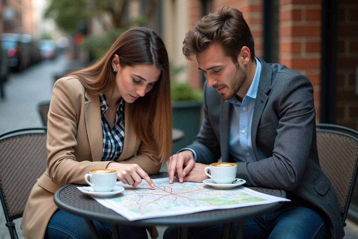 Deux jeunes professionnels étudiant une carte des quartiers de Toulouse en terrasse pour préparer leur premier emploi