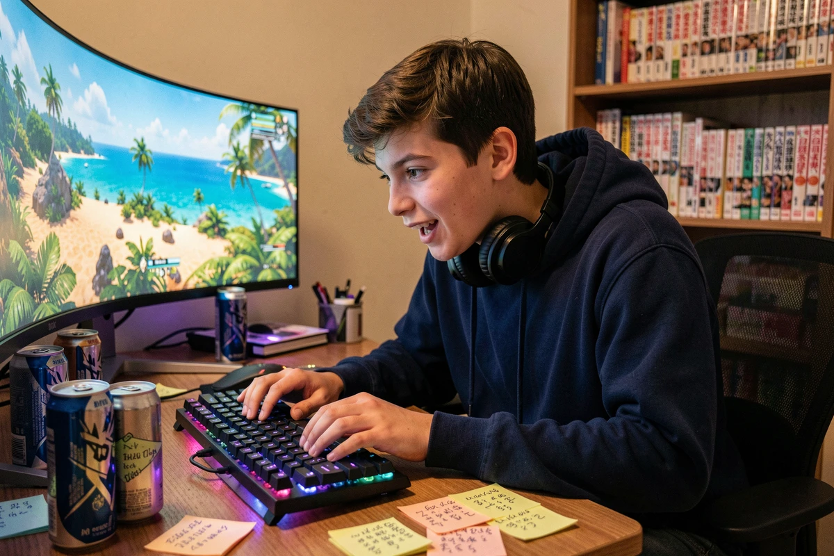Joueur adolescent concentré saisissant un code double XP sur son clavier devant un écran de jeu coloré