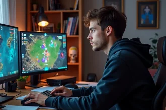 Joueur de Dofus concentré sur sa stratégie XP Chasseur devant deux écrans affichant des menus de métiers MMORPG