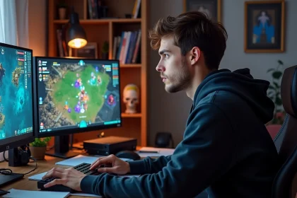 Joueur de Dofus concentré sur sa stratégie XP Chasseur devant deux écrans affichant des menus de métiers MMORPG