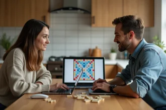 Deux adultes jouent au Scrabble numérique dans la cuisine