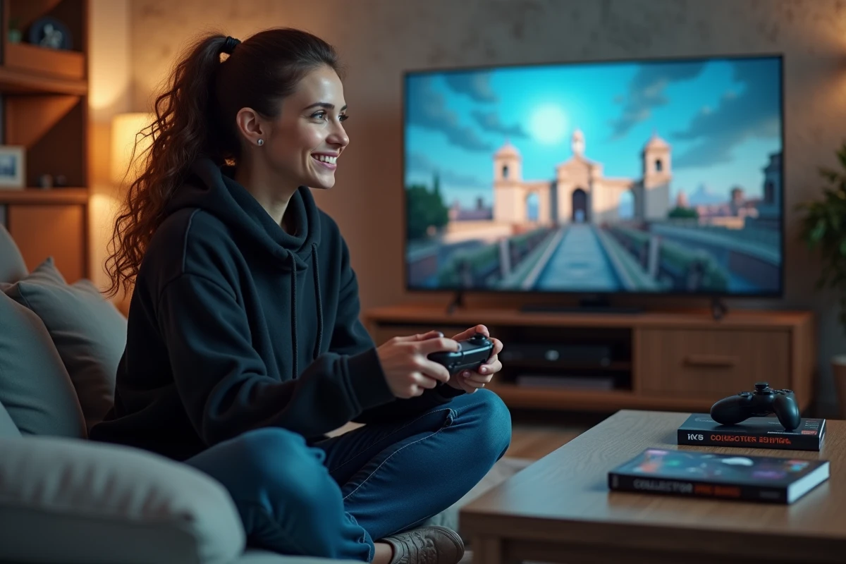 Joueuse passionnée découvrant un jeu vidéo d'action historique inspiré de l'univers d'Ezio Auditore dans un salon moderne