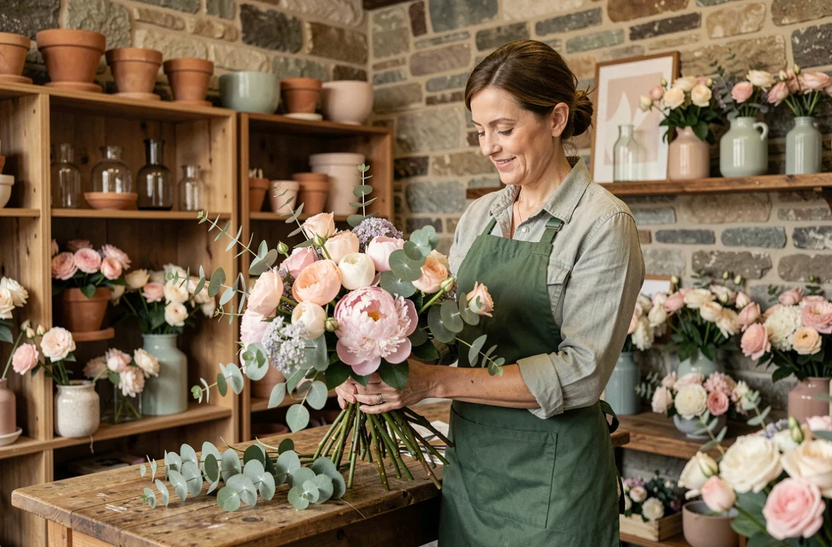 Fleuriste de La Pastorale Fleurs arrangeant un bouquet de pivoines et de roses dans une boutique au décor en pierre typique du Jura