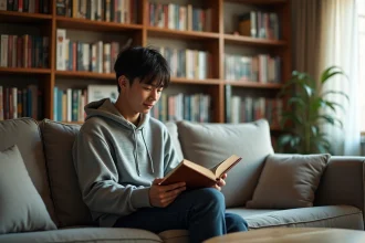 Jeune homme lisant un manga One Punch Man dans un appartement cosy rempli de volumes manga sur des étagères