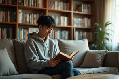 Jeune homme lisant un manga One Punch Man dans un appartement cosy rempli de volumes manga sur des étagères