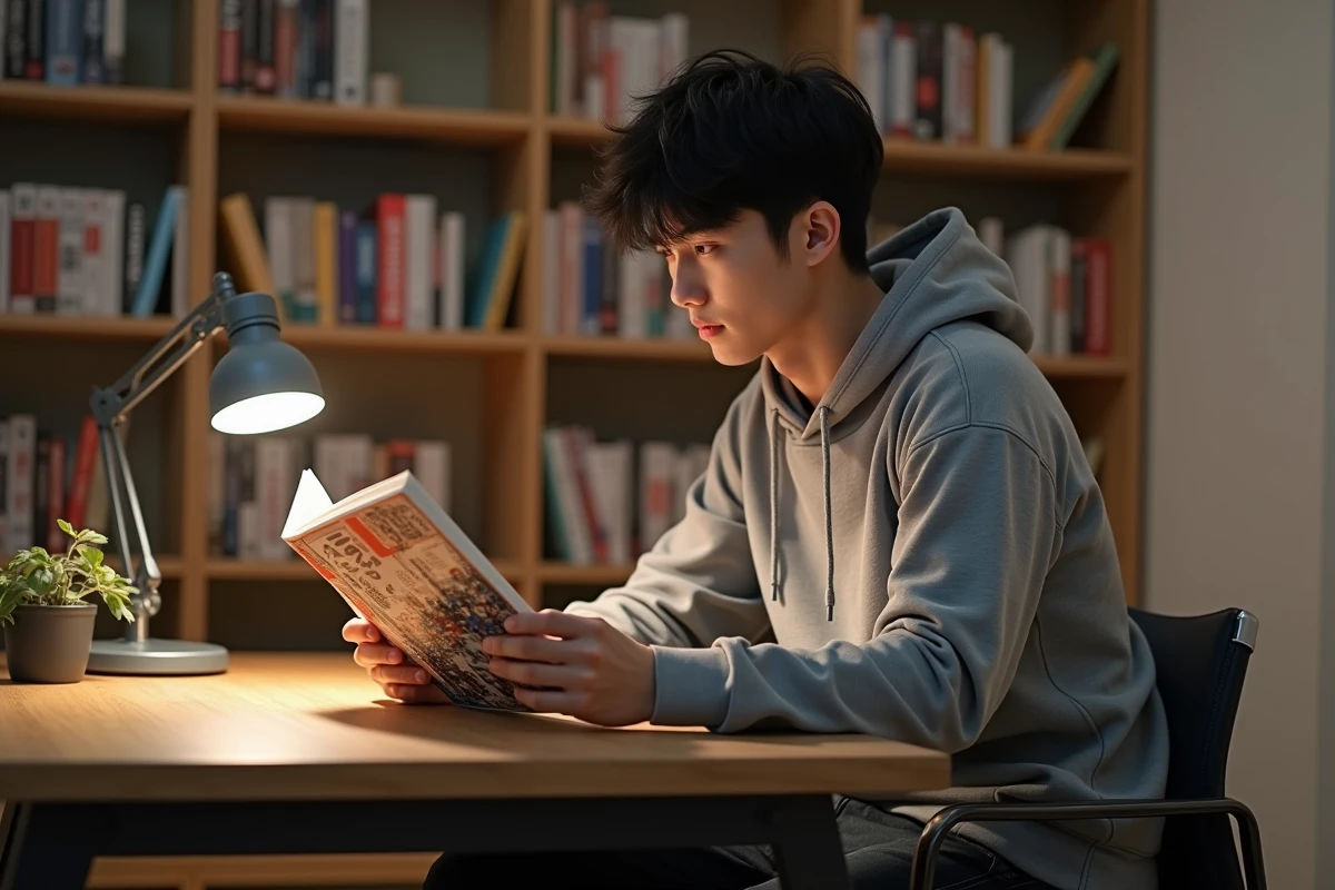 Jeune homme lisant un manga japonais assis à un bureau dans un appartement cosy entouré de volumes de manga