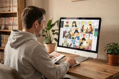Homme lisant des manhwas sur un grand écran de bureau avec les réglages Toonily optimisés pour une lecture confortable sur PC