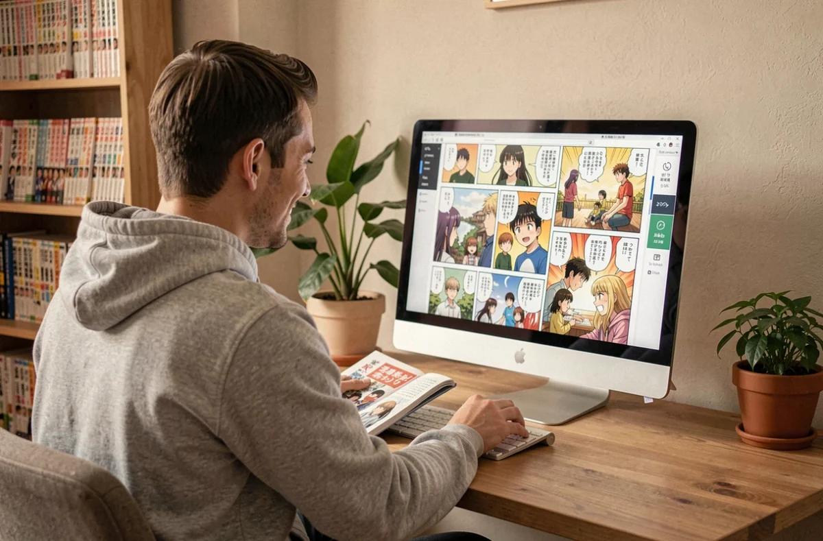 Homme lisant des manhwas sur un grand écran de bureau avec les réglages Toonily optimisés pour une lecture confortable sur PC