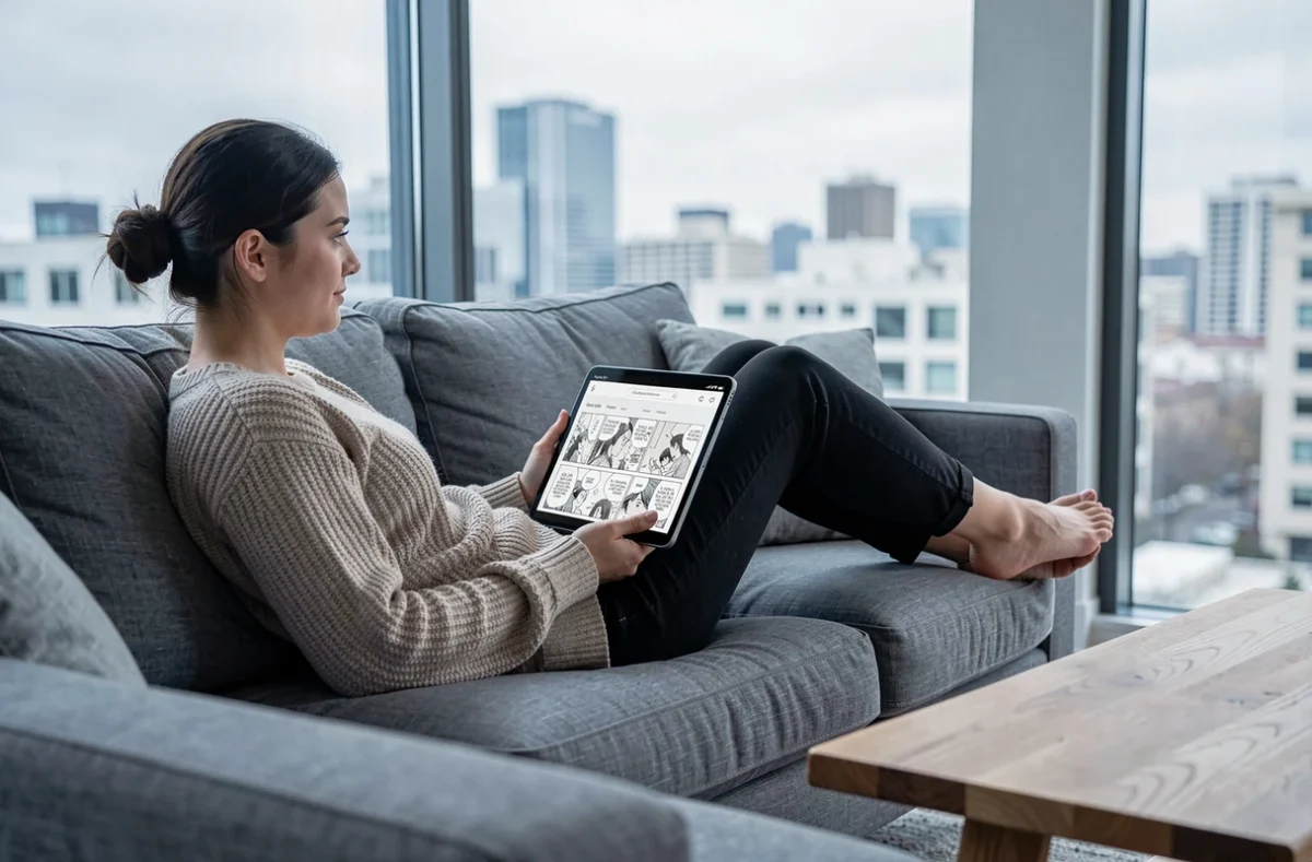 Jeune femme lisant des manhwas sur tablette installée confortablement dans son salon avec les paramètres Toonily ajustés