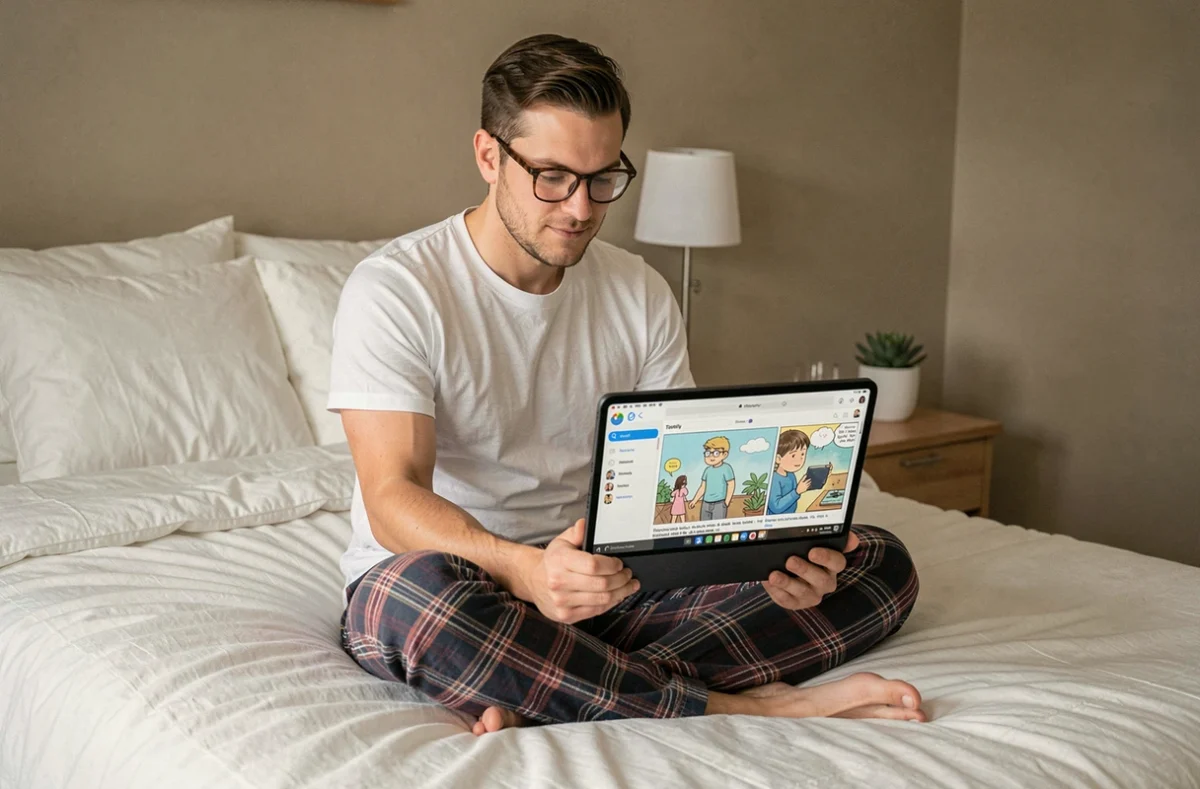 Homme avec lunettes lisant des webtoons sur iPad en mode paysage dans sa chambre avec les réglages Toonily pour tablette
