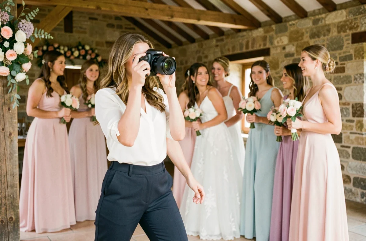 Léonie Allard, vidéaste et photographe mariage, capturant un moment candide lors d'une réception dans le Rhône