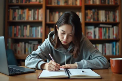 Jeune femme prenant des notes sur une liste d'épisodes Fairy Tail dans un carnet, entourée de mangas et d'un ordinateur portable