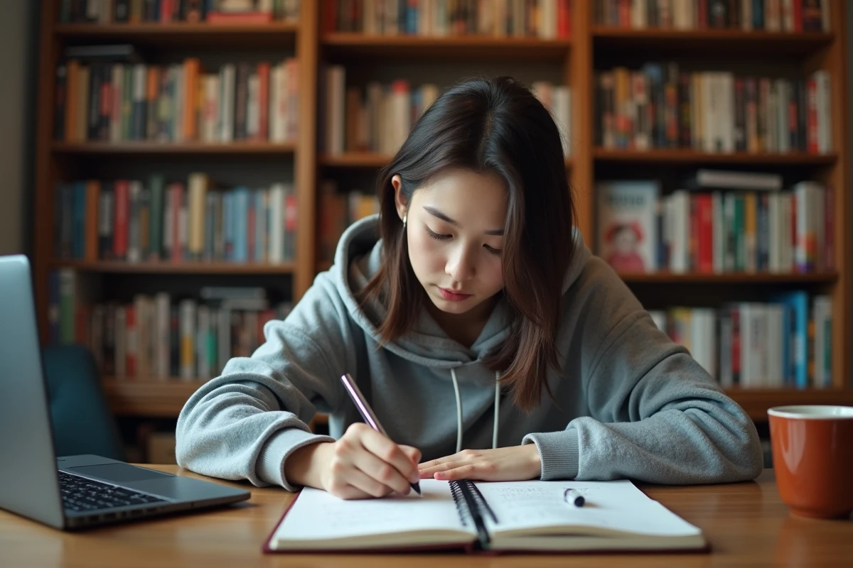 Jeune femme prenant des notes sur une liste d'épisodes Fairy Tail dans un carnet, entourée de mangas et d'un ordinateur portable