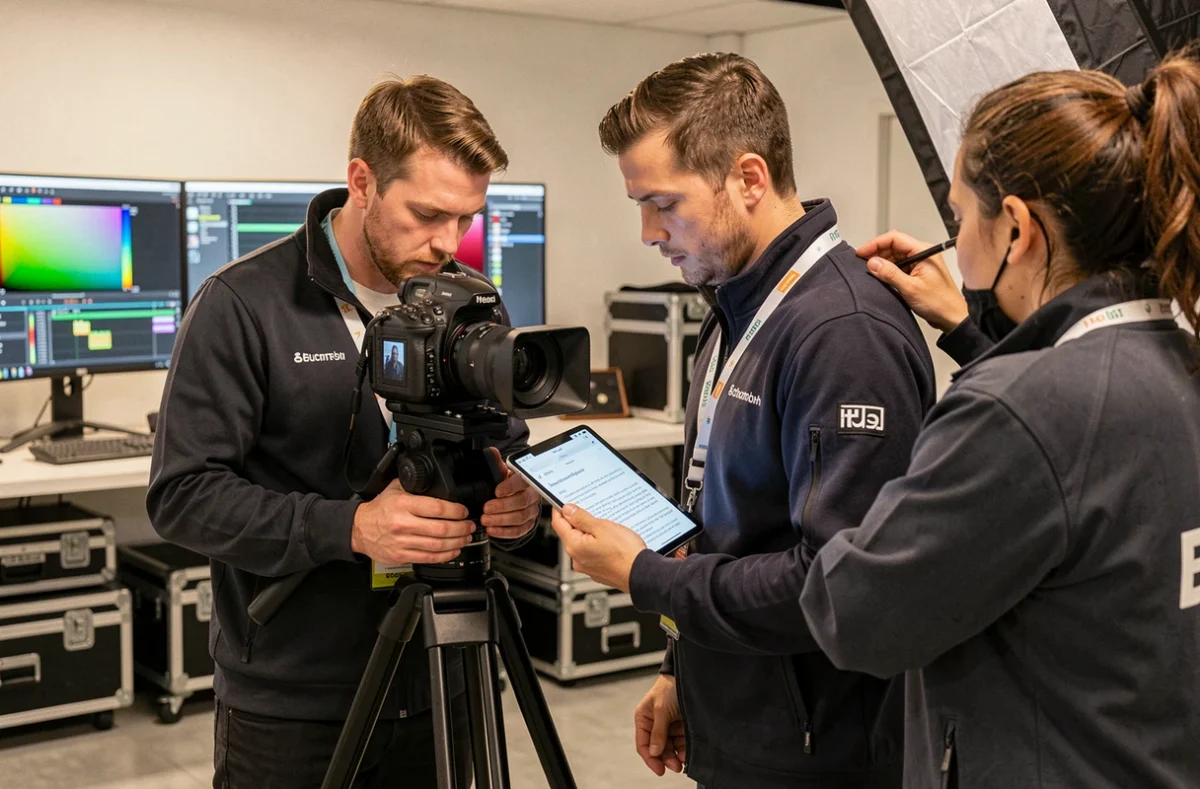 Vidéaste de l'agence LSCH opérant une caméra cinéma dans un studio de production professionnel à Lyon