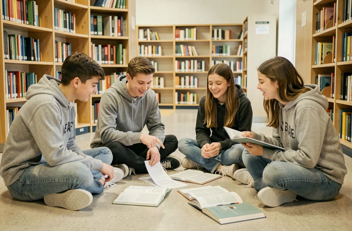 Lycéens révisant ensemble les paroles de La Marseillaise dans une bibliothèque scolaire moderne