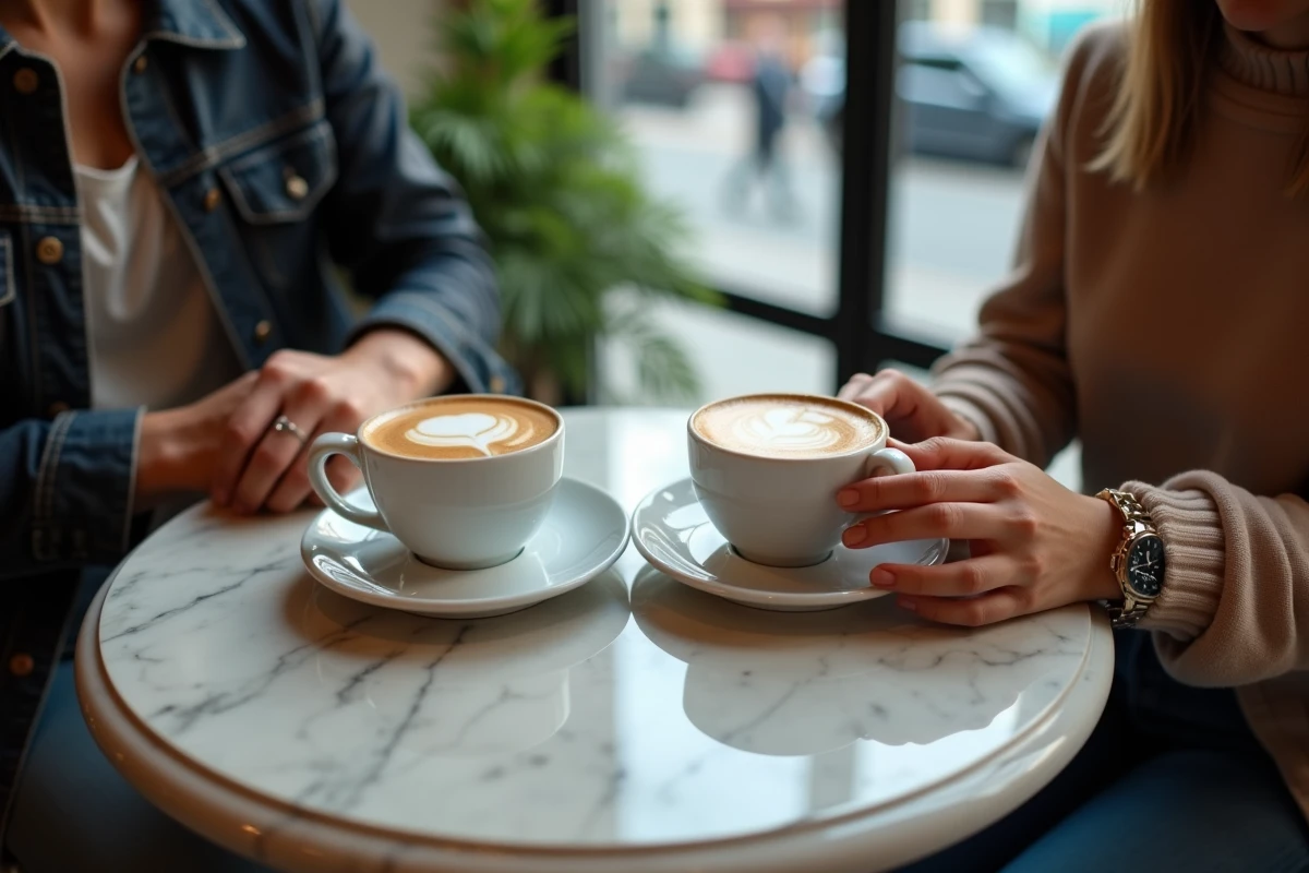 Mains de deux personnes près de tasses de café dans un café urbain