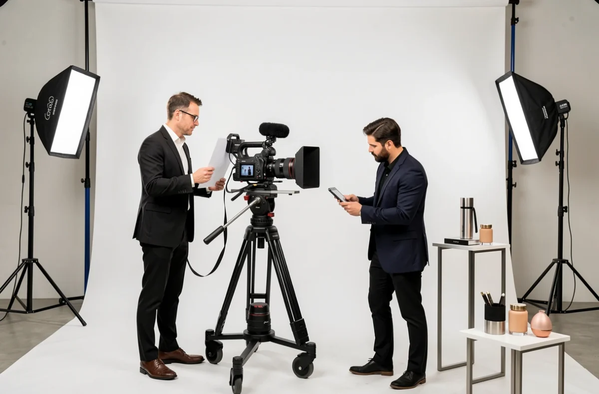 Équipe de Maître Chat filmant une production vidéo publicitaire haut de gamme dans un studio épuré à Lyon