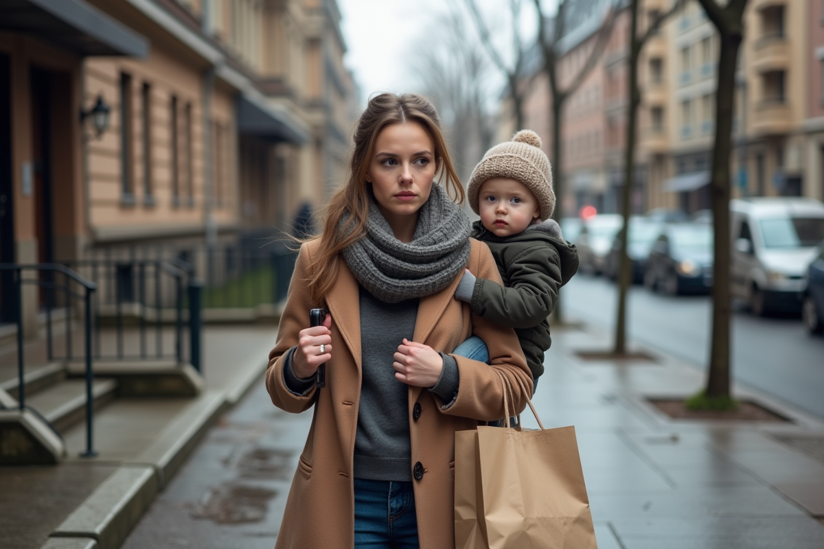 Maman portant un enfant dans la rue en printemps