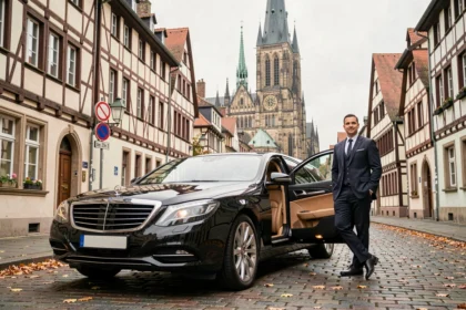 Chauffeur VTC professionnel devant une berline noire de luxe dans les rues de Strasbourg, Grand Est
