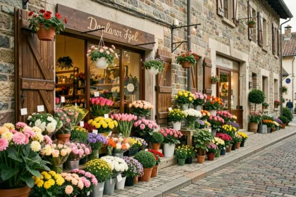 Devanture d'une boutique de fleuriste dans une rue pavée typique du Jura, avec des bouquets colorés et des plantes exposées à l'extérieur