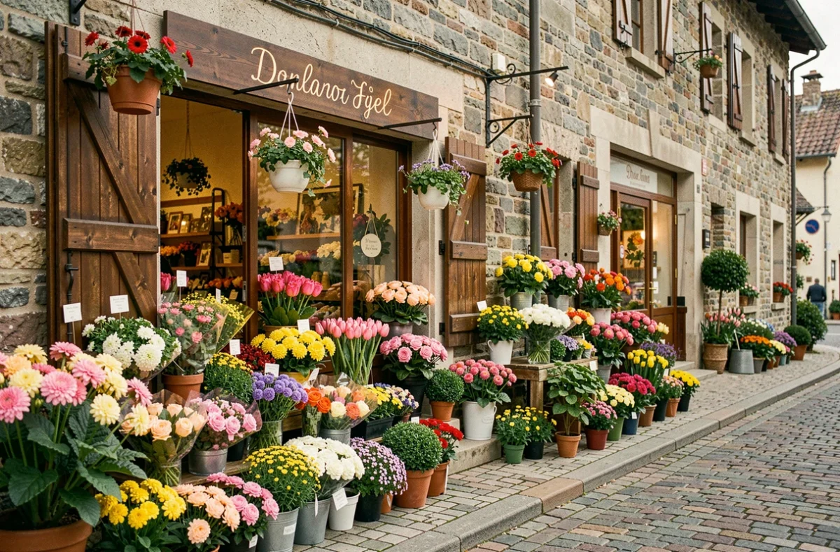 Devanture d'une boutique de fleuriste dans une rue pavée typique du Jura, avec des bouquets colorés et des plantes exposées à l'extérieur
