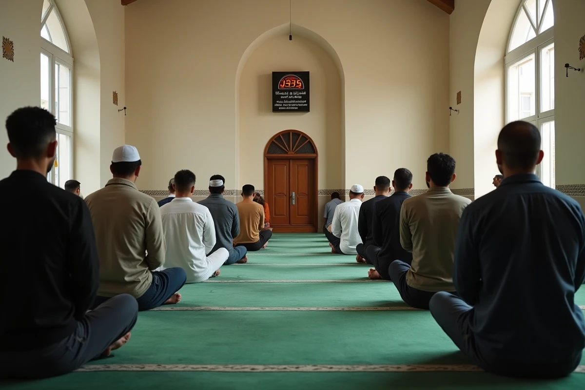 Intérieur d'une mosquée à Grenoble lors de la prière de Fajr au début du jeûne du Ramadan