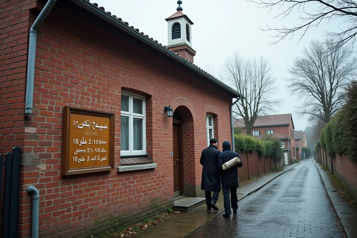 Façade d'une mosquée à Douai avec panneau des horaires de prière en français et en arabe