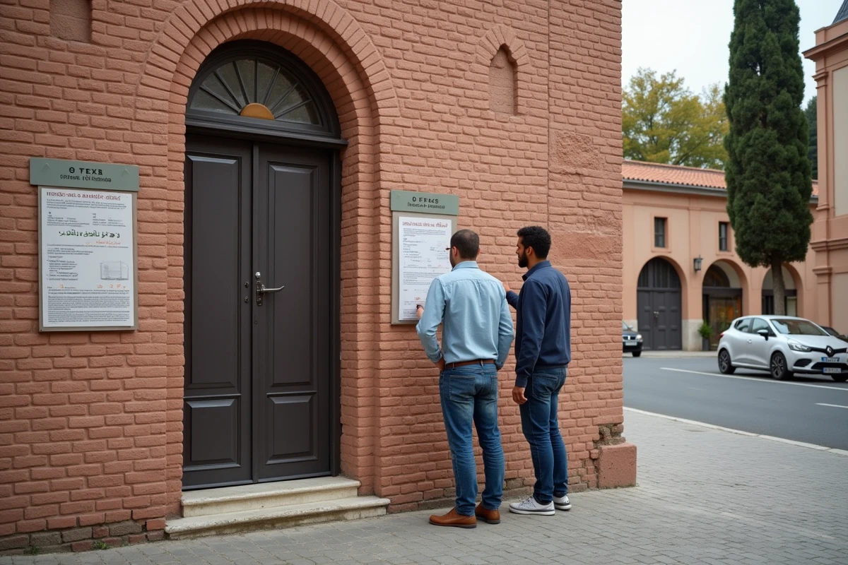 Deux hommes consultant le tableau des horaires de prière affiché à l'entrée d'une mosquée de Toulouse
