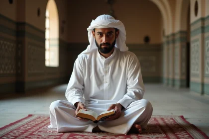 Musulman priant avec Quran dans une mosquee