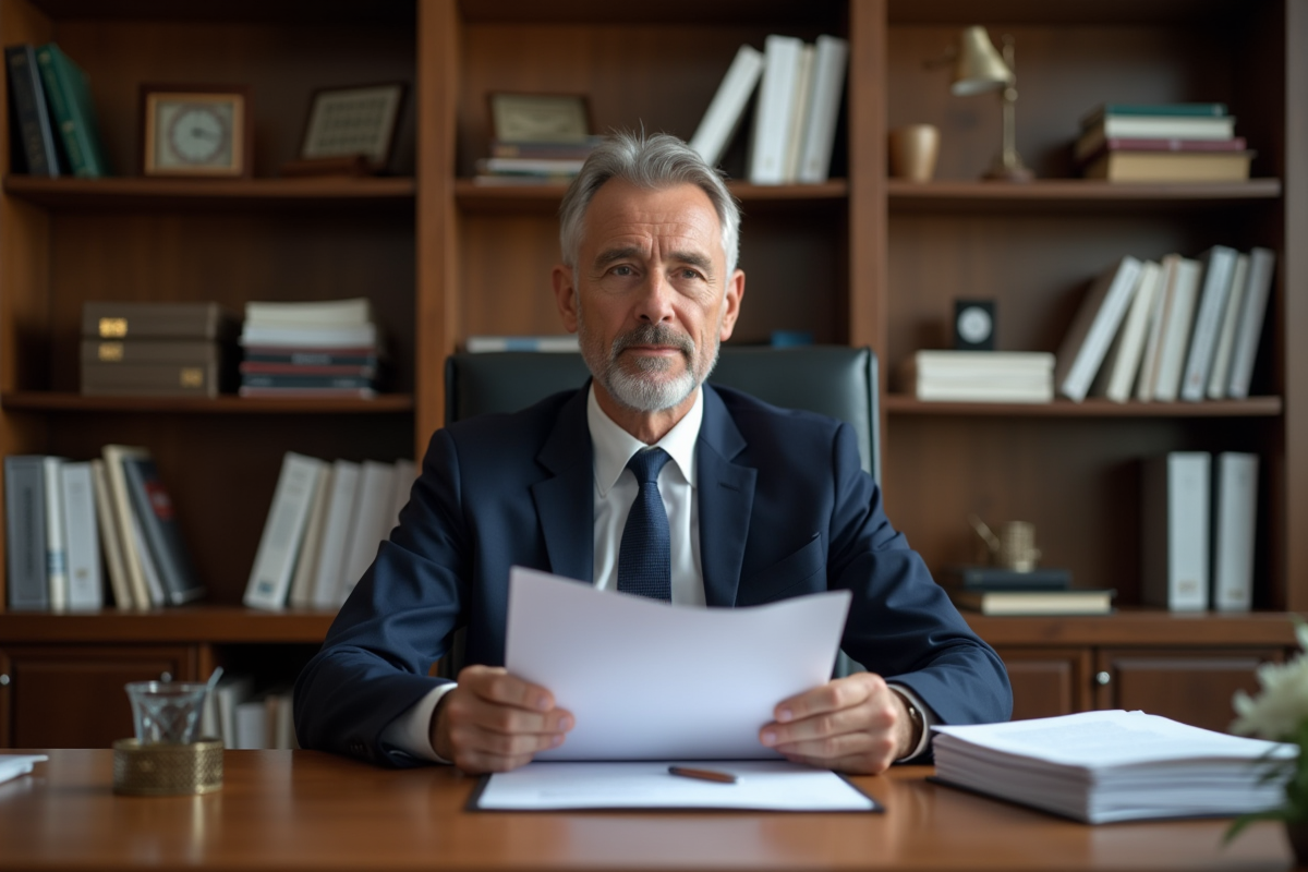 Homme d'affaires lisant des documents officiels dans un bureau notarial