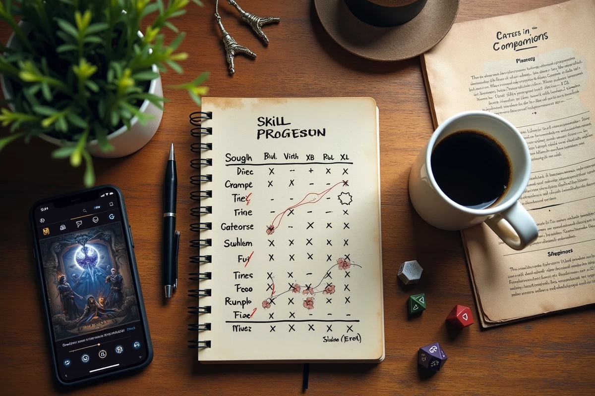 Plan de travail avec notes manuscrites sur les métiers Dofus, guide de progression XP Chasseur et smartphone