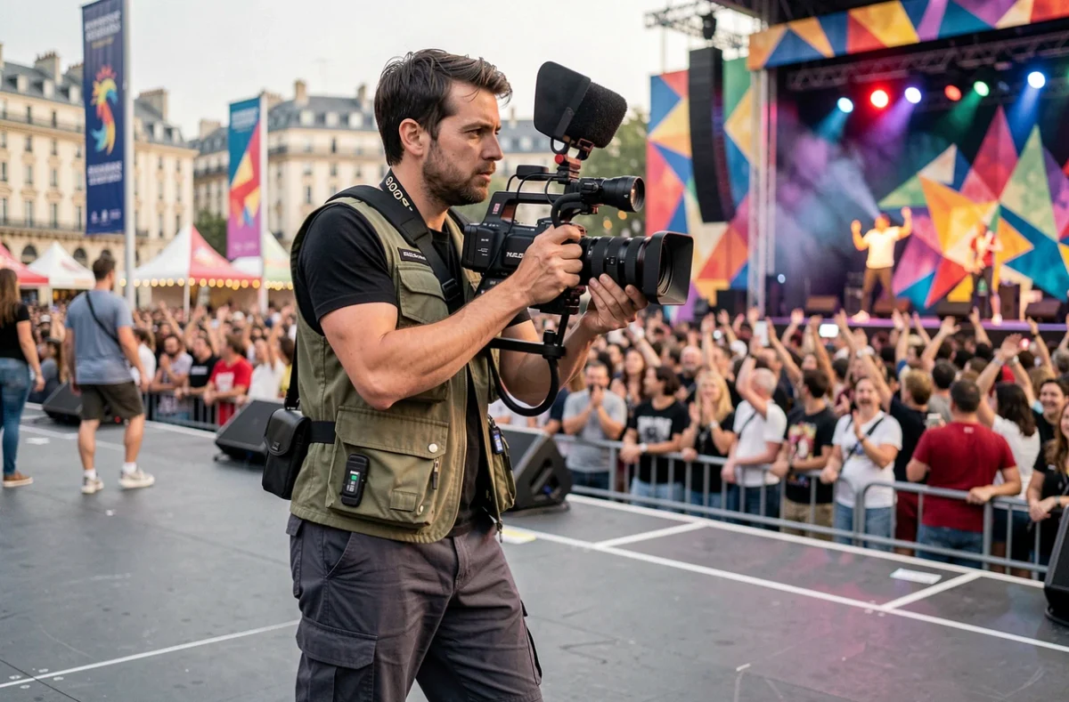 Vidéaste de Noxalight filmant un événement créatif en extérieur à Lyon avec une caméra sur épaule