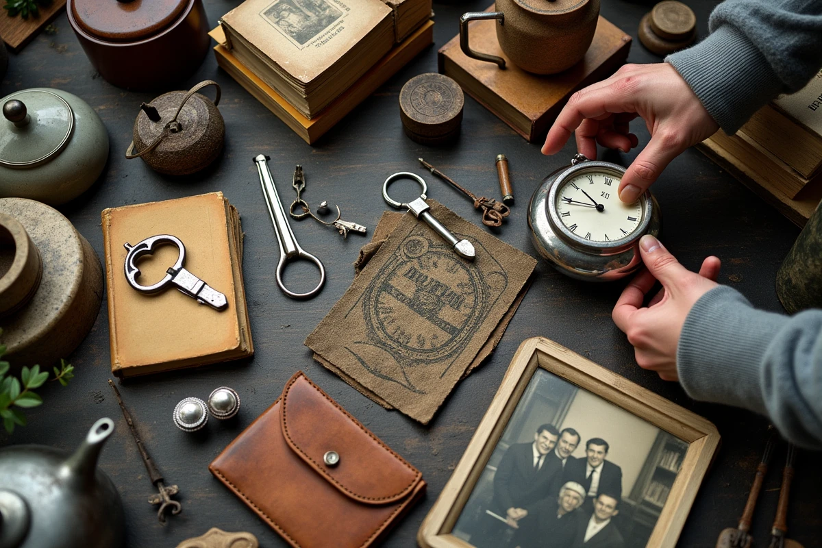 Vue aérienne d'un étal de brocante avec objets anciens et curiosités typiques des foires du Cantal