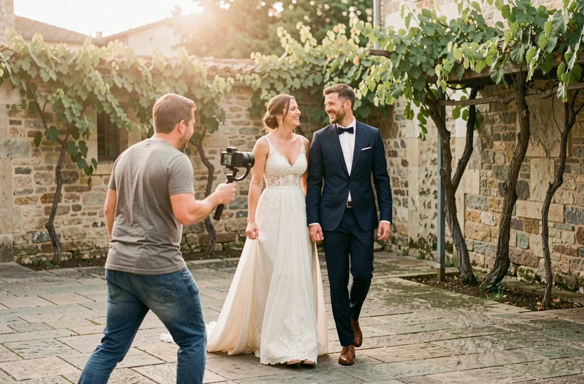 Vidéaste Pagani Productions filmant un couple de mariés dans une cour en pierre du Rhône lors d'un événement