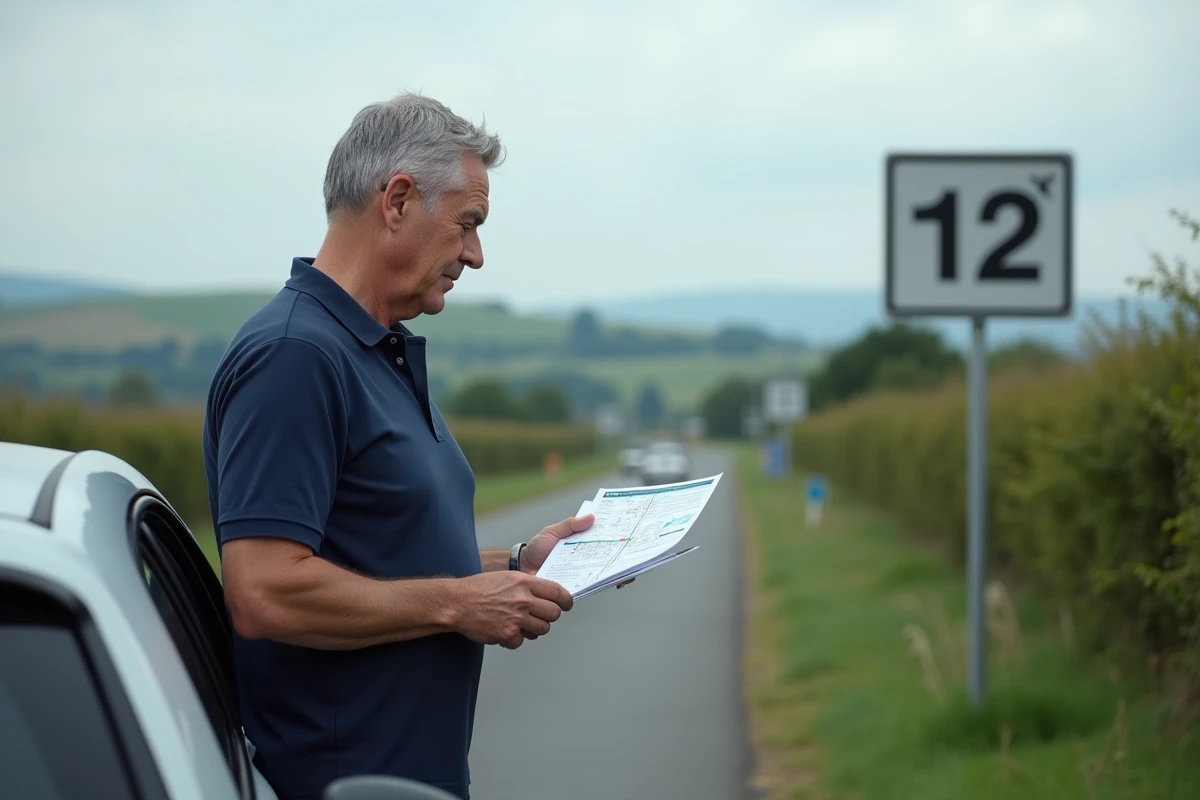 Homme consultant un panneau de signalisation affichant des miles et des kilomètres sur une route de campagne européenne