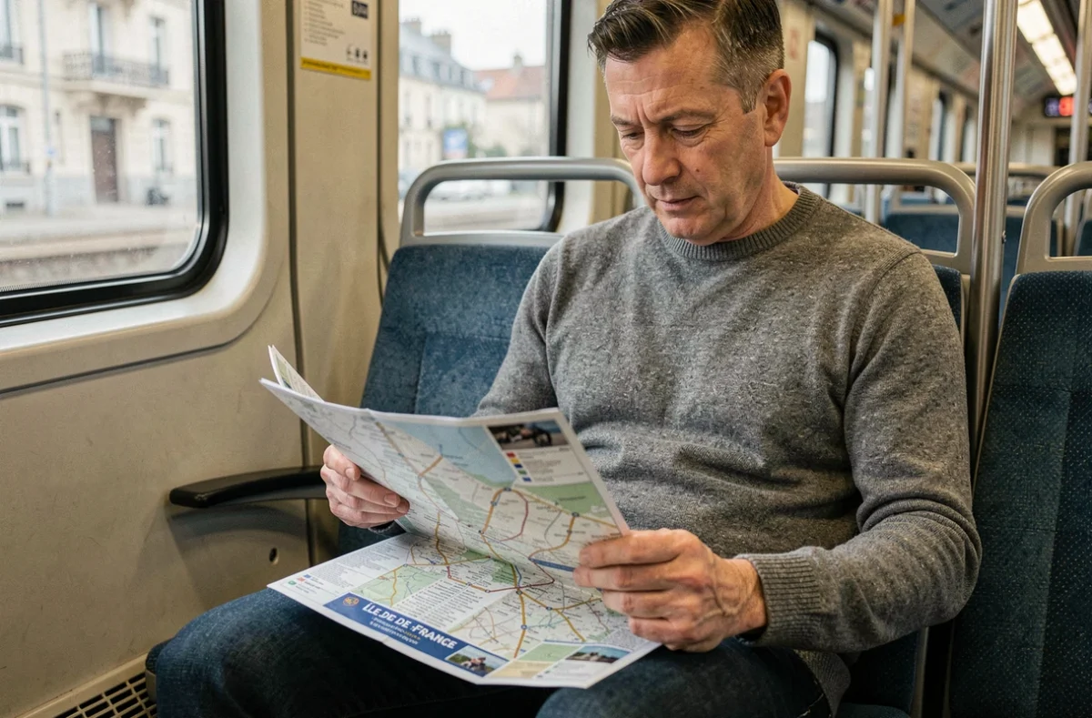 Passager étudiant une carte du réseau RER Île-de-France à bord d'un train en mouvement