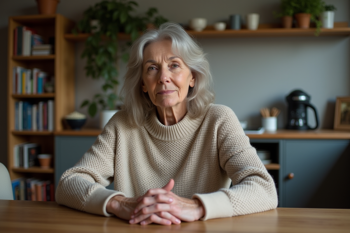 Personne nonbinaire âgée dans une cuisine chaleureuse