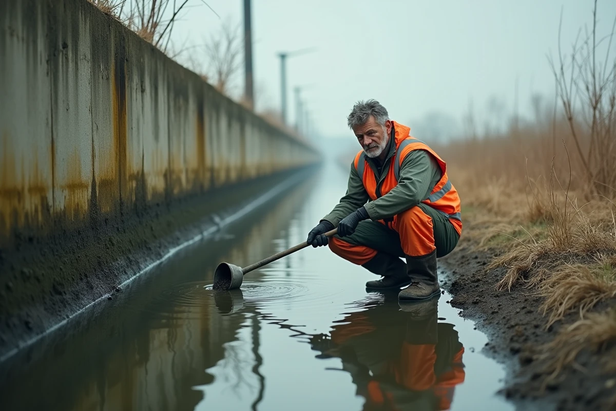 Technicien de terrain prélevant un échantillon de sédiments dans un canal industriel pour une analyse de polluants environnementaux