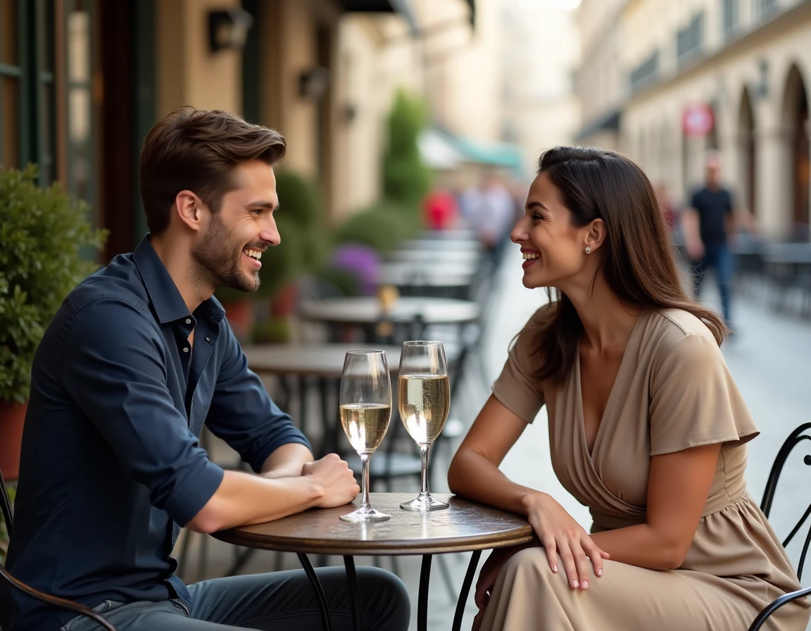 Couple se rencontrant pour un premier rendez-vous galant en terrasse, symbolisant les rencontres via une application de dating sérieuse