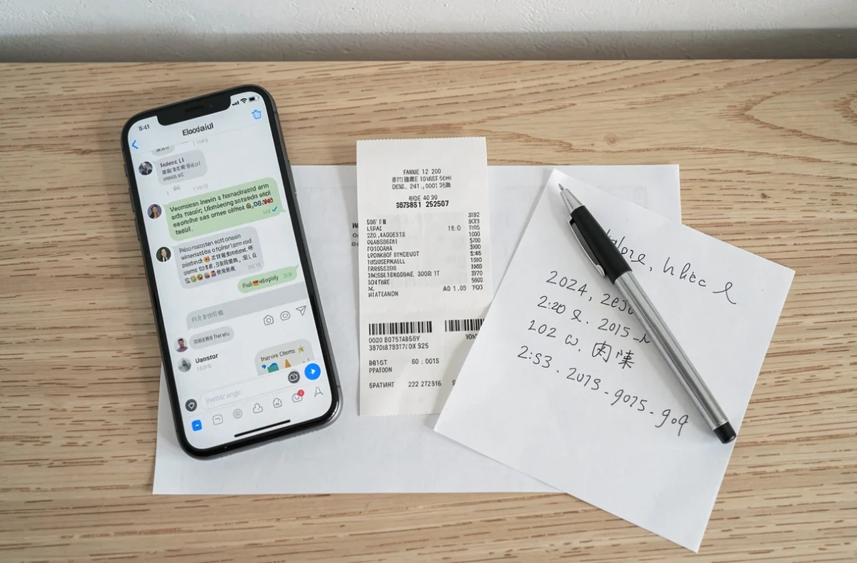 Vue en plongée de preuves rassemblées pour un litige en ligne : reçu imprimé, capture d'écran sur smartphone et notes manuscrites