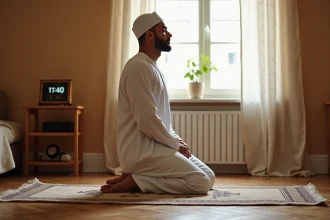 Homme en djellaba blanche effectuant la prosternation sur un tapis de prière dans un appartement à Douai