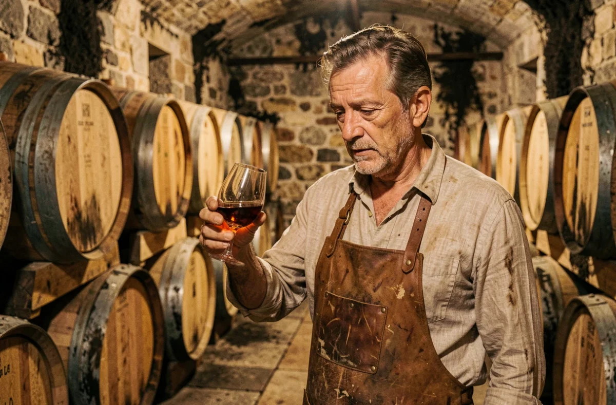 Producteur indépendant d'Armagnac examinant un verre de brandy dans une cave traditionnelle aux tonneaux en chêne anciens
