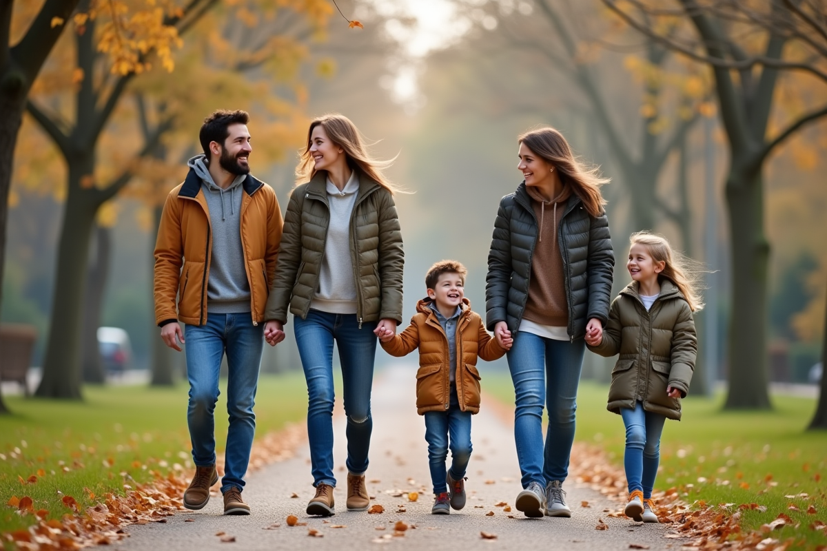 Famille recomposée marchant dans un parc en automne