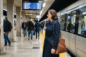 Voyageuse consultant le tableau des départs sur un quai de RER en Île-de-France, entourée de navetteurs